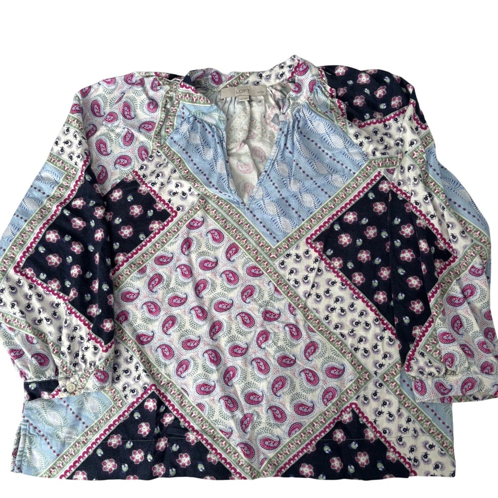 Loft Petites Paisley Floral Patchwork Split Neck Blouse Navy Pink LP Cottagecore